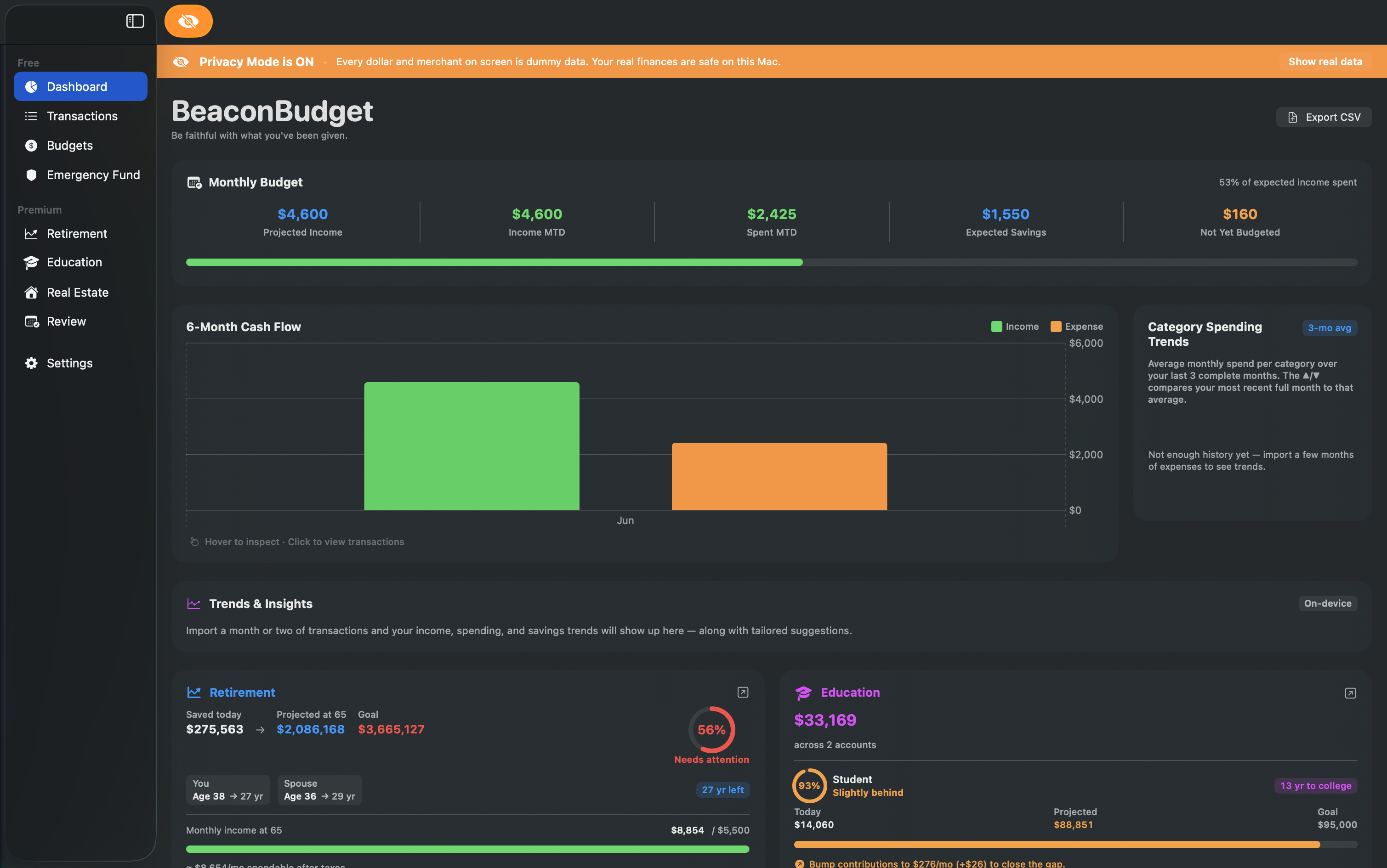 Beacon Budget dashboard - private, on-device personal finance management