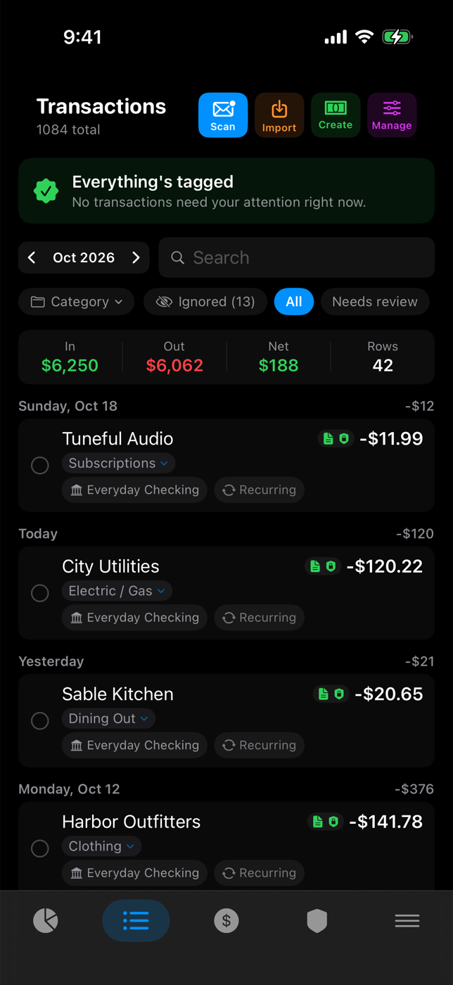 The transactions list in Thrive, already categorized