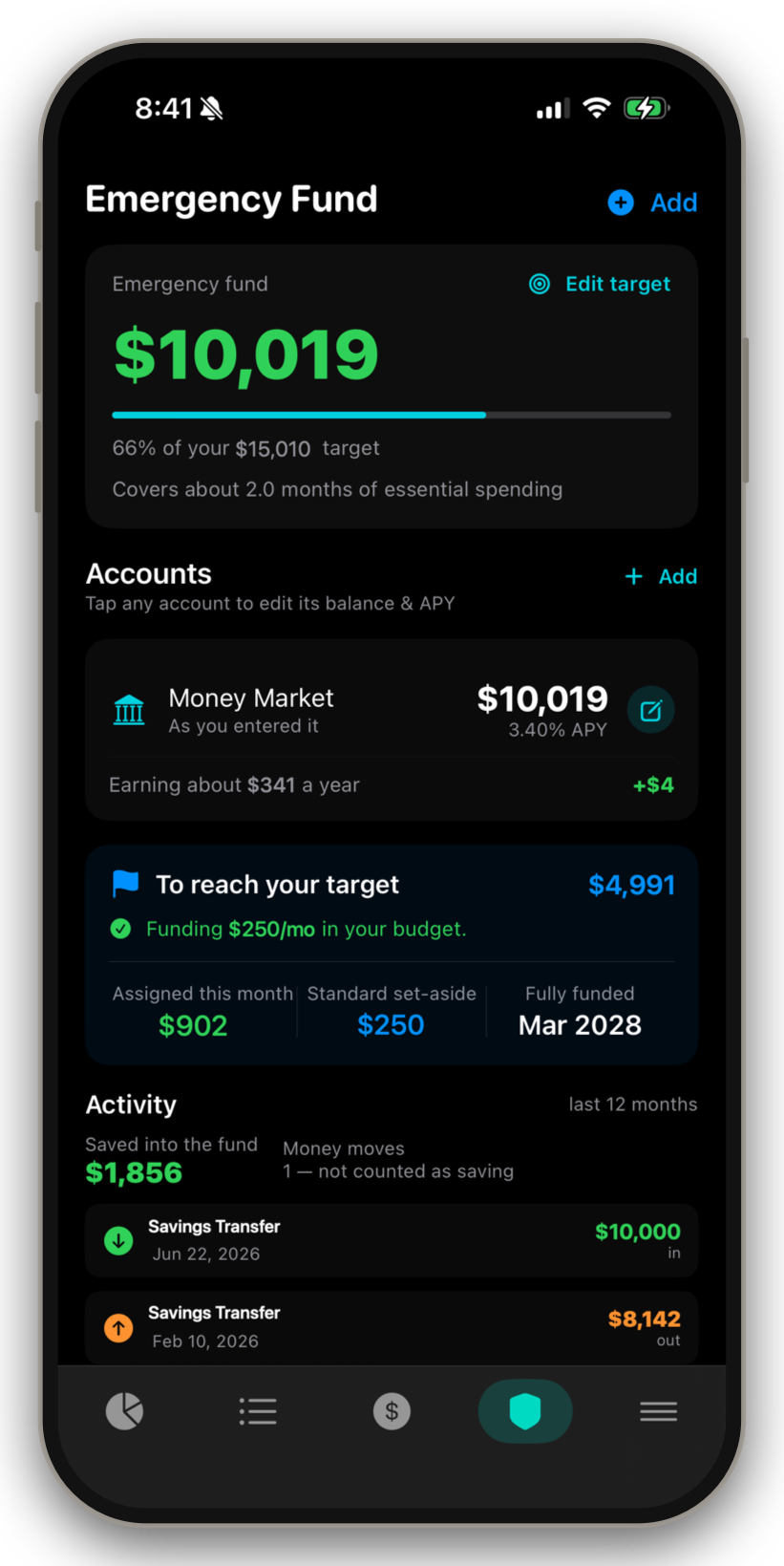 Thrive emergency fund on iPhone, shared with a spouse
