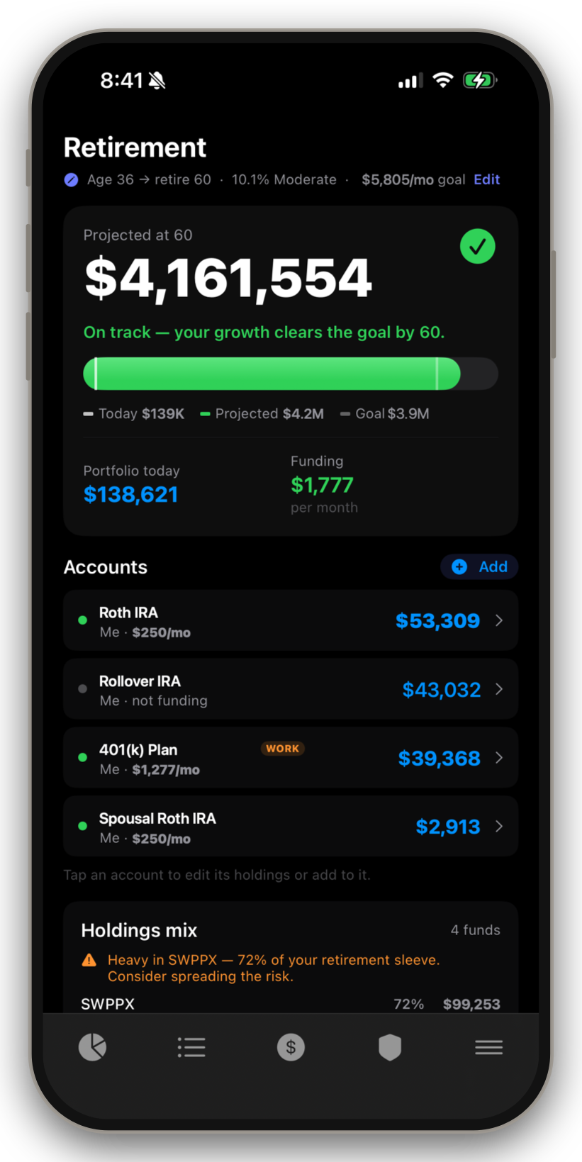 Thrive retirement projection on iPhone